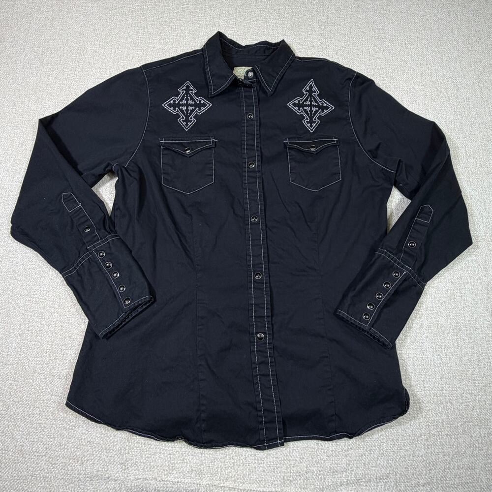 Roper Women XL Black Embroidered Long Sleeve Snap Front Western Shirt Cowgirl
